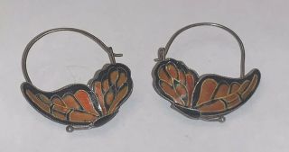 Old Chinese Export Cloisonné Enamel Butterfly Wing Sterling Silver Hoop Earrings