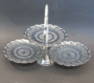 Vintage Silverplate (?) 3 Tier Folding Dessert Tray Made In England
