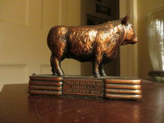 Old Vintage Metal Advertising Cow Pfaelzer Brothers Inc Chicago,  Ill Paperweight