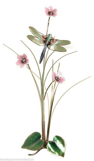 Wall Art - Dragonfly And Pink Flowers Metal Wall Sculpture - Wall Decor