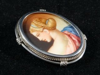 19th Century Solid Silver Oval Miniature Portrait Painting Pendant or Brooch 2
