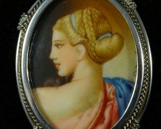 19th Century Solid Silver Oval Miniature Portrait Painting Pendant or Brooch 3