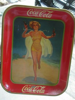 Vintage 1937 Coca - Cola Pinup Running Girl Swimsuit Serving Tray