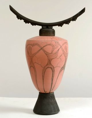 Vintage Kate & Will Jacobson Large Raku Spirit Vessel Art Pottery Vase 17 1/2 "
