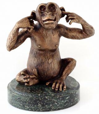 Monkey Hear No Evil Bronze Sculpture Figurine Russian Serpentine Stone Base