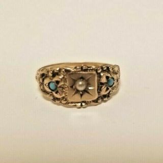 Antique 10k Gold Seed Pearl And Turquoise Baby Infant Ring Sz 2.  5 Vintage Estate