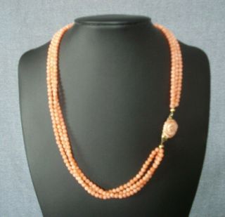 Vintage 3 Strand Angel Skin Coral Beads Necklace