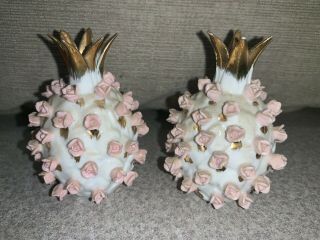Vintage Lefton Porcelain Pineapple Pink Roses Rosette Salt Pepper Shakers Japan