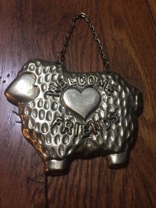 Very Cute Brass Sheep Hanging Sign.  Welcome Friends.  Hearts.  1989