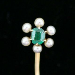 Antique 14k Yellow Gold Natural Emerald And Pearl Lapel Stick Pin 1.  1 Grams