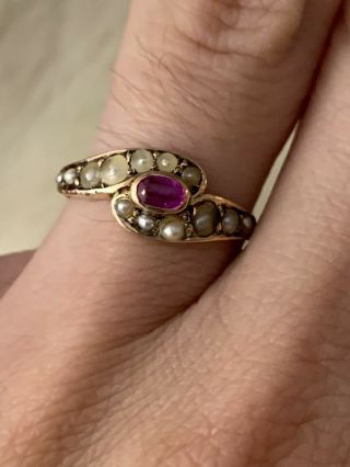 Georgian 18th 19th Century 9ct Gold Ruby And Seed Pearl Ring Size 6 1/2