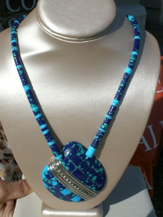 Vintage Santo Domingo Turquoise And Blue Lapis Heishi Sterling Silver Necklace