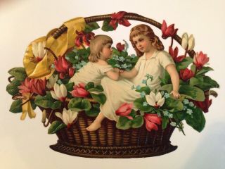 Large Antique Victorian Die - Cut Two Young Girls In A Basket Of Flowers
