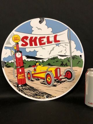 Vintage Porcelain Shell Gasoline Pump Plate Sign Race Car Visible Pump Sign “21”