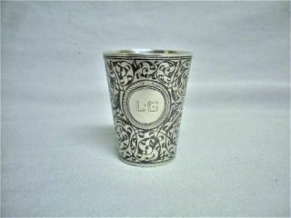 Antique Sterling Silver Engraved Vodka Shot Glass Jigger Cup Russian 84 Hallmark