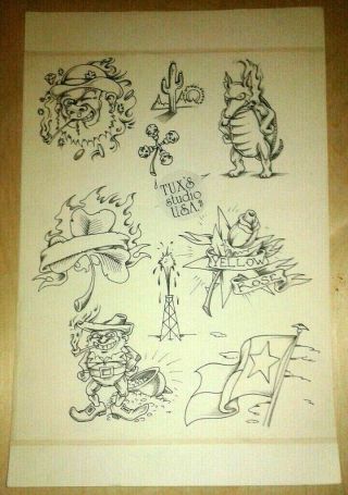 Vintage Daniel Higgs Tattoo Flash 80s Clover Leprechan Texas Outline Sheet Skull