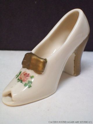 Vintage High Heel Porcelain Figurine Pink Rose Flower Bow Open Toe Shoe Ceramic