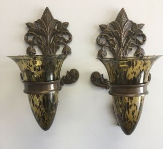 Vtg.  Victorian Design Brass Metal/art Glass Candle Holders Wall Sconces 14 3/4 "