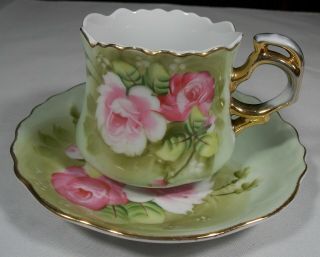 Lefton China Heritage Flat Cup & Saucer 3067 Hand Painted Green Pink Roses