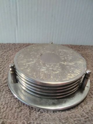 Six Vintage Silver - Plated Coaster Set With Stand Holder.