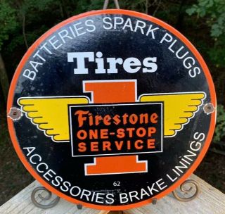 Vintage Firestone Tires Porcelain Sign Service Station Gas Pump Plate Oil