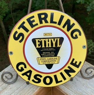 Vintage Old Sterling Gasoline With Ethyl Porcelain Enamel Gas Pump Sign