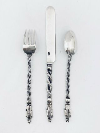 Chinese Export Silver 3 Piece Child ' s Knife Fork Spoon Set Mandarin Finials 2