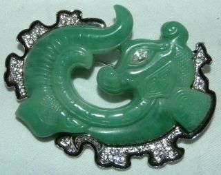Vintage Kenneth Jay Lane Signed Kjl Faux Carved Jade Dragon Peking Glass Brooch