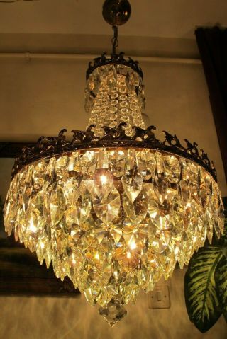 Antique Vintage.  French Basket Style Crystal Chandelier Lamp Light 1940 