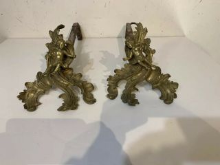 Antique Bronze Chenet Andirons Louis Xv Style With Cupids Fireplace