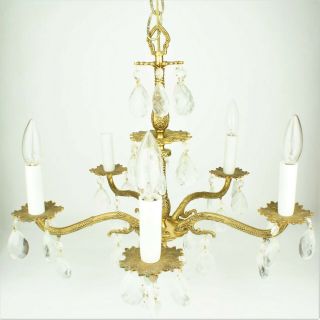 Vintage French Antique Brass 5 Arm 5 Light Hanging Chandelier With Crystals