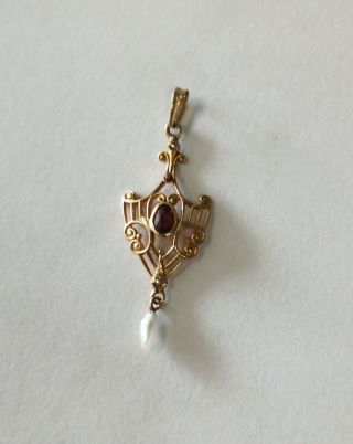 Antique 14k Yellow Gold Pendant With Garnet,  Seed Pearls And A Pearl Drop