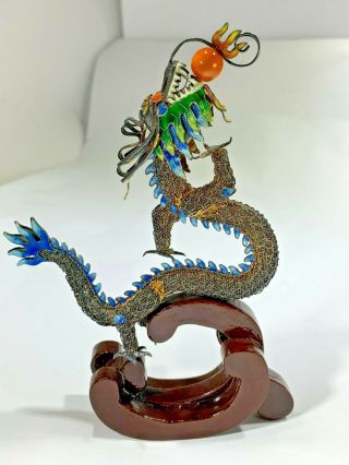 Vintage Chinese Sterling Silver Gilt Filigree Enamel Lucky Dragon Figurine