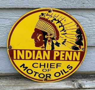 Vintage Indian Penn Gasoline Porcelain Sign Gas Station Pump Plate Motor Oil