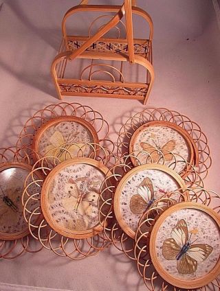 Vintage Pressed Butterfly Wicker Rattan Coaster Set With Basket Holder Set Of 6