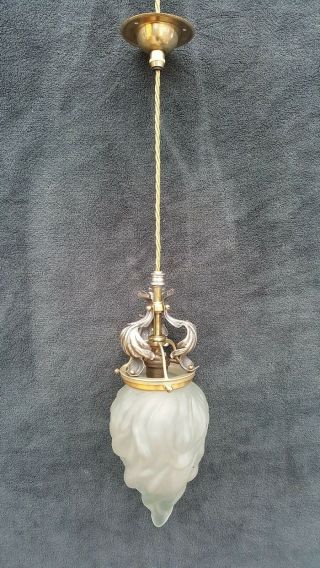 Art Nouveau Silver Plated And Brass Ceiling Hanging Lamp With Flambeau Shade