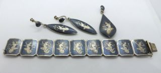 Vintage Siam Niello Sterling Silver Black Enamel Jewelry Set,  47.  7 Grams