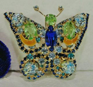 Vtg Unsign Alice Caviness Blue Foil Cab " Fruit - Salad Enamel Butterfly Brooch Pin