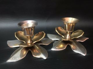 Pair (2) Vintage Brass And Silver Mixed Metal Lotus Flower Candlestick Holders