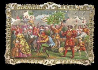 A34 - 3d Opening Victorian Xmas Card - Banquet Scene Inside - Paper Lace Border