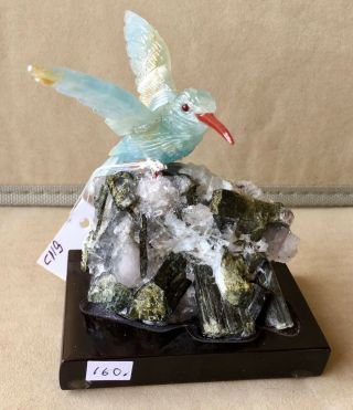 Blue Calcite Hummingbird On Tourmaline And Quartz Base 4 " - Peter Muller