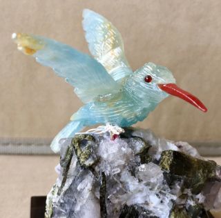 Blue Calcite Hummingbird on Tourmaline and Quartz Base 4 
