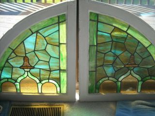 Pair Antique Vintage Arched Stained Glass Windows Architectural Salvage