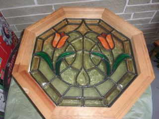 Very Pretty Leaded Stained Glass Octagon Shaped Window With Tulips