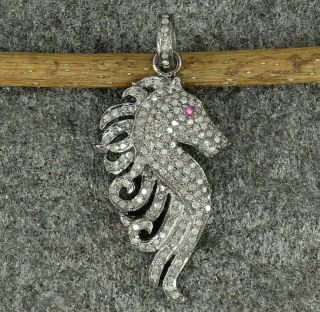 Pave Diamond 925 Sterling Silver Vintage Sea Horse Head Pendant Necklace