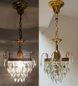 Matching / Antique Vintage Brass & Crystals French Small Chandelier Lamp