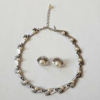 Vintage Crown Trifari Faux Pearl Silver Tone Choker Necklace Earrings Set