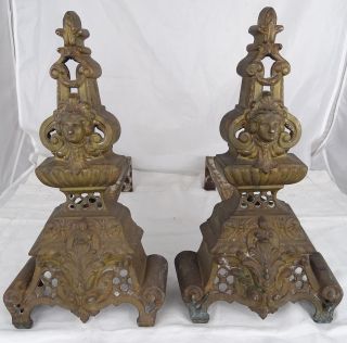 Antique French Bronze Andirons - Chenets Louis Xv Style Fireplace Femelle Face