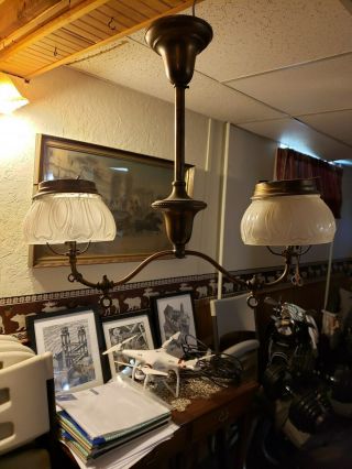 Antique Gas Brass Hanging Double Arm Chandelier Light With Globes