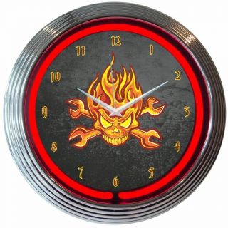 Mechanic Fire Skull With Red Neon Clock Great For Office,  Garage Or Man Cave